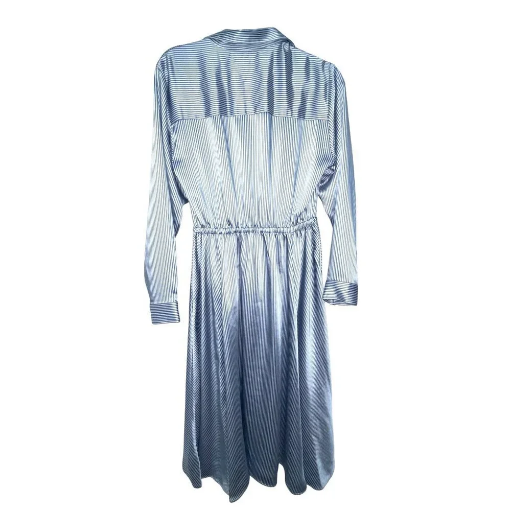 Michael Kors Blue White Striped Button-Down Tie-Waist Midi Shirt Dress M NWT